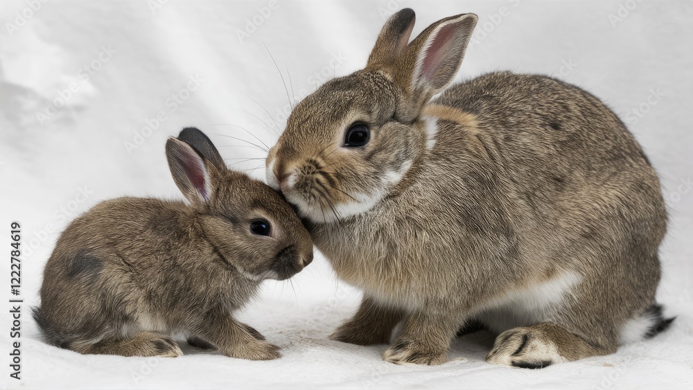Mother rabbit affectionately nuzzling her newborn bunny on a soft white backdrop, showcasing warm brown fur tones and tender bonding moments. Mother rabbit affectionately nuzzling her newborn bunny on a soft white backdrop, showcasing warm brown fur tones and tender bonding moments.