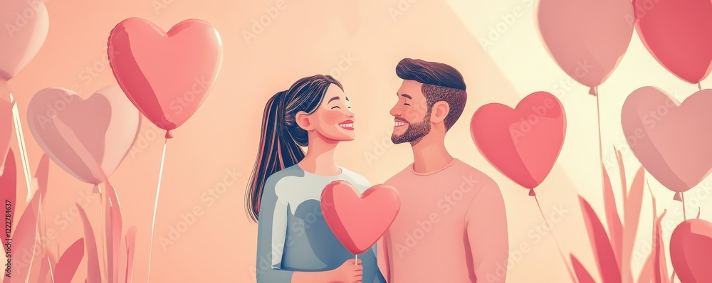 Young caucasian couple with heart balloons smiling in romantic setting Young caucasian couple with heart balloons smiling in romantic setting
