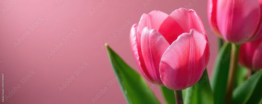 Delicate pink tulip petals against green leaves, closeup, petals, flower Delicate pink tulip petals against green leaves, closeup, petals, flower