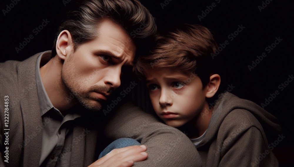 Worried father and son discussing important issues at home and seeking psychological support close-up portrait on black background Worried father and son discussing important issues at home and seeking psychological support close-up portrait on black background