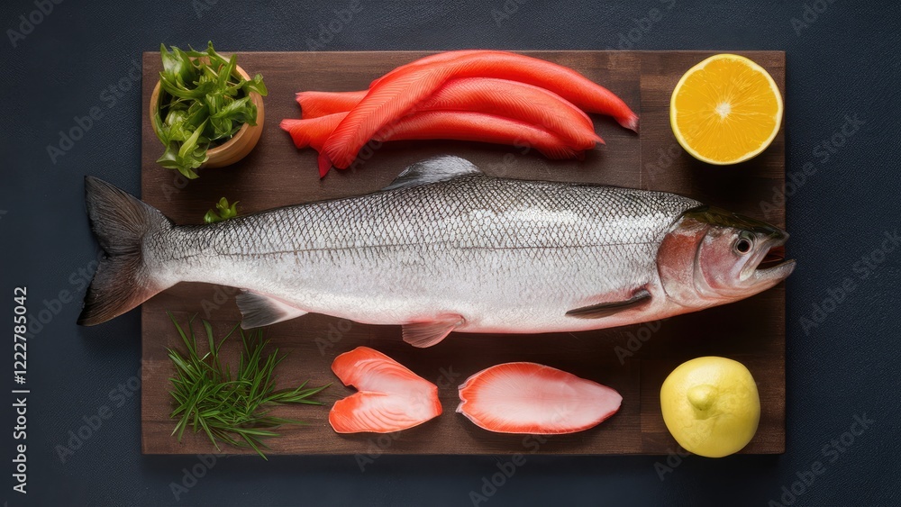 Freshly caught salmon fillet with garnishes on wooden cutting board, vibrant red roe, lemon and herbs, arranged artistically for culinary presentation. Freshly caught salmon fillet with garnishes on wooden cutting board, vibrant red roe, lemon and herbs, arranged artistically for culinary presentation.