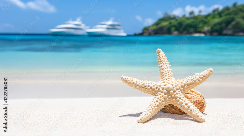 Starfish on sandy beach with yachts in background Starfish on sandy beach with yachts in background