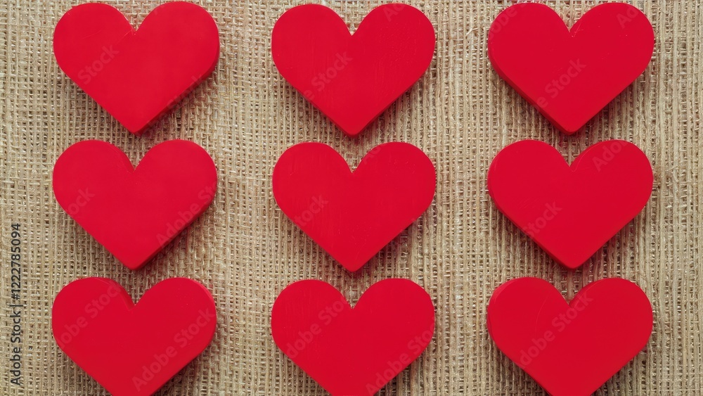 Red heart shapes arranged in two rows on a textured burlap background, vibrant red contrasting with the natural brown hues of the fabric.