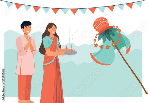 Gudi Padwa Festival Celebration Illustration with Traditional Rituals A family celebrating Gudi Padwa with traditional attire, a Gudi flag, and festive decor.