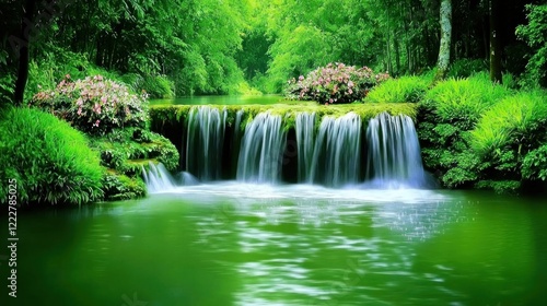 Serene waterfall cascades in lush green forest