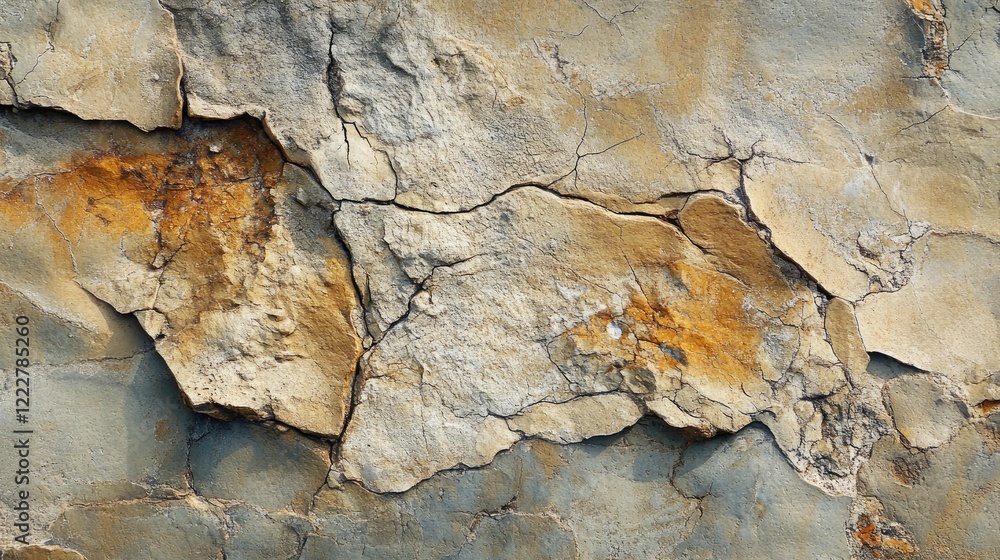 Fototapeta premium A solid stone wall with rugged surfaces and rough, cracked details in close-up