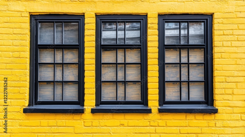 Vibrant Yellow Wall with Three Elegant Black Windows Design Vibrant Yellow Wall with Three Elegant Black Windows Design