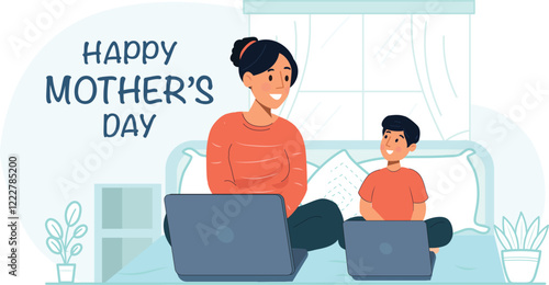 Happy Mother's Day Illustration with Mother and Son Working on Laptops A modern depiction of a mother and son bonding over work or study on laptops.