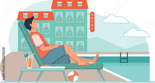 Hotel Service Illustration with Relaxing Guest by Pool A luxurious poolside scene with a guest on a sun lounger, enjoying drinks under an umbrella.