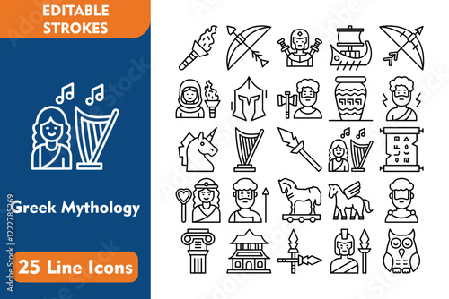 Greek Mythology Line Editable Icons set. Vector illustration in thin line modern style related icons:torch, bow and arrow, warrior, trireme, artemis, hestia, spartan, hephaestus, vase, zeus, unicorn