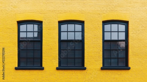Bright Yellow Brick Wall with Black Framed Windows in Row