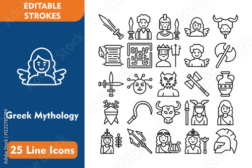 Greek Mythology Line Editable Icons set. Vector illustration in thin line modern style related icons:weapons, medusa, athena, aphrodite, demeter, trident, apollo, hera, helmet, theseus, achilles