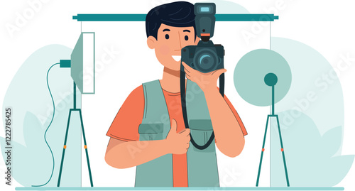Illustration of Photographer with Camera in a Studio Setup A focused photographer adjusting their camera amidst a professional studio setup.