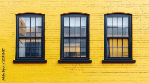 Yellow urban brick wall with black-framed windows, ideal for advertisements or text placement, bright and clean