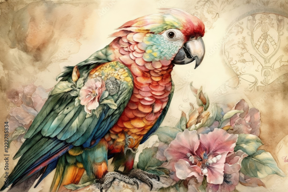 Obraz premium big bright parrot., watercolor style, Generative AI