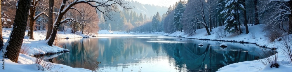 Fototapeta premium Frozen pond with bare alder trees surrounding it, nature, alder