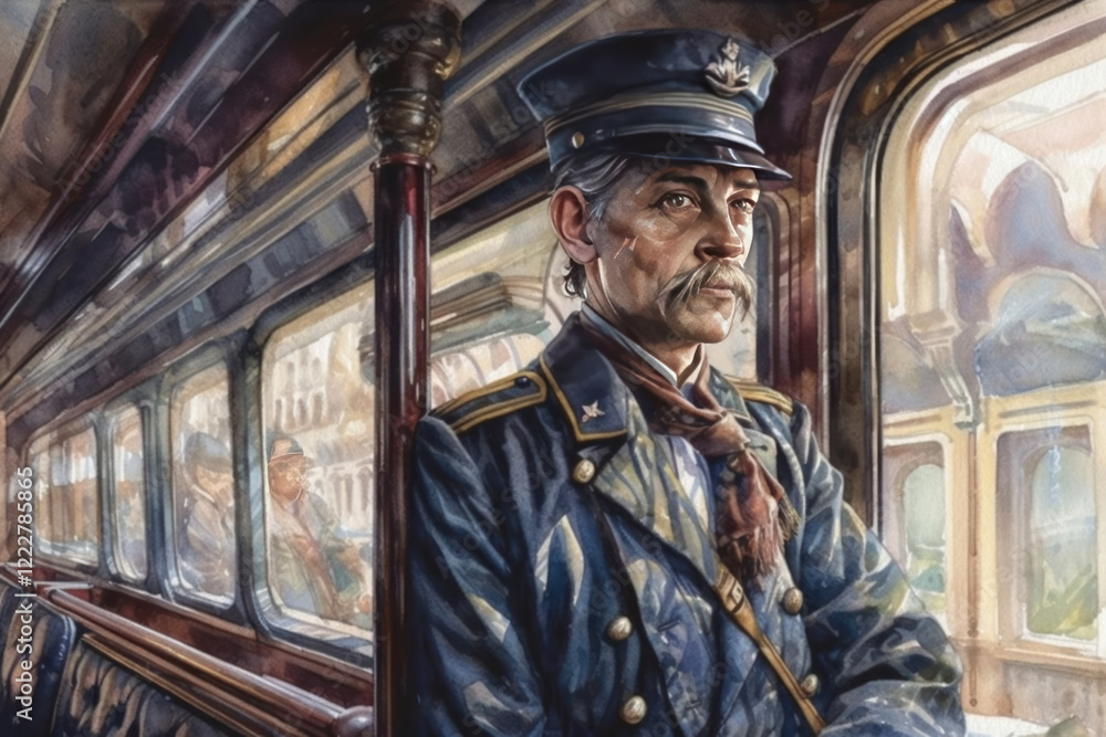 Naklejka premium elderly man, train conductor in uniform, illustration., watercolor style, Generative AI