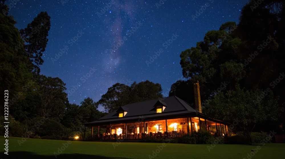 Naklejka premium Illuminated House Underneath a Starry Night Sky