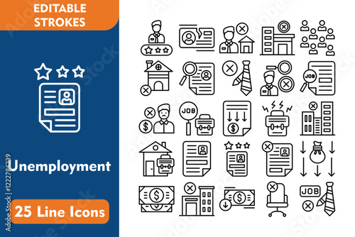 Unemployment Line Editable Icons set. Vector illustration in thin line modern style related icons:rate, id card, no home, office, population, house, curriculum vitae, tie, search, job hunting, poor,
