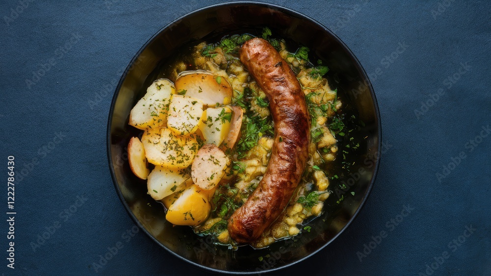 Fototapeta premium Sausage and potato meal featuring a brown sausage on a bed of green lentils with yellow and white potatoes in a black bowl on a dark blue background