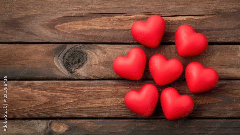 Red hearts of varying sizes arranged on a rustic brown wooden surface creating a warm and inviting atmosphere ideal for love-themed content Red hearts of varying sizes arranged on a rustic brown wooden surface creating a warm and inviting atmosphere ideal for love-themed content
