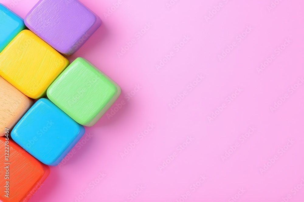 Colorful Wooden Blocks on Pink Background Childrens Toys Educational Play Early Development Colorful Wooden Blocks on Pink Background Childrens Toys Educational Play Early Development