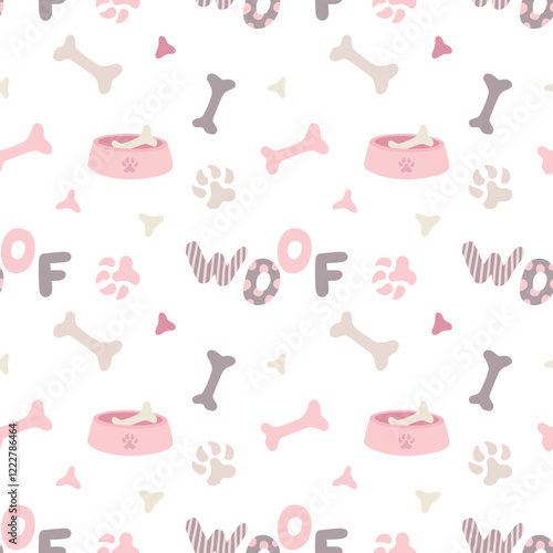 Dog paws, bowl, bones. Vector seamless pattern in pastel colors for textile and wrapping paper. Cute illustration of dog footprints