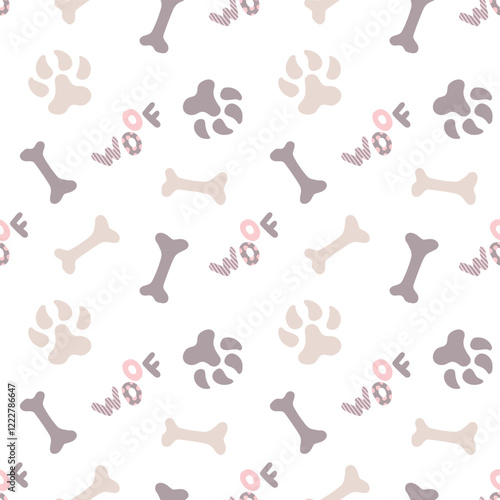 Dog paw, bone. Vector seamless pattern in pastel colors for textile and wrapping paper. Cute pet illustration