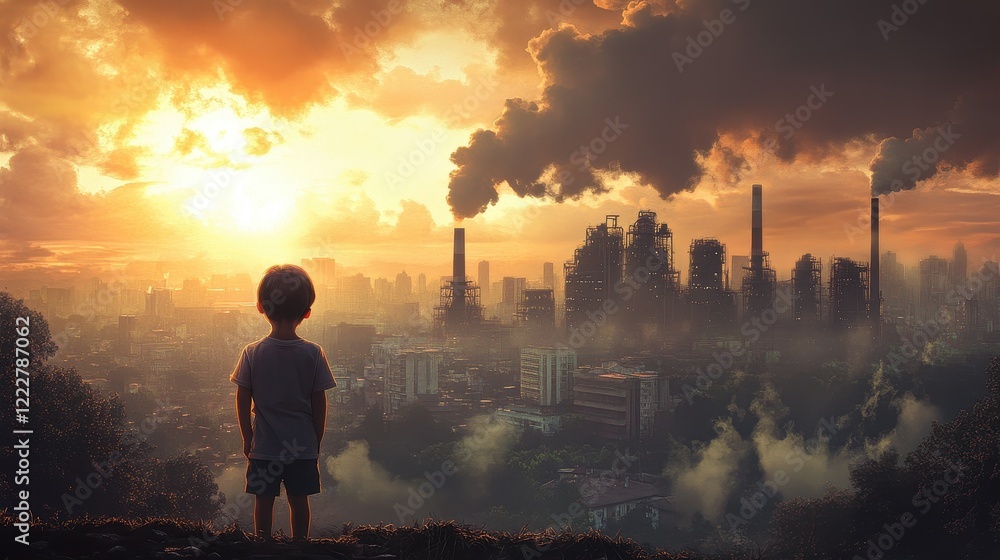 The child stood with his back turned to look at the city view window with a factory that emitted toxic smoke. The child stood with his back turned to look at the city view window with a factory that emitted toxic smoke.
