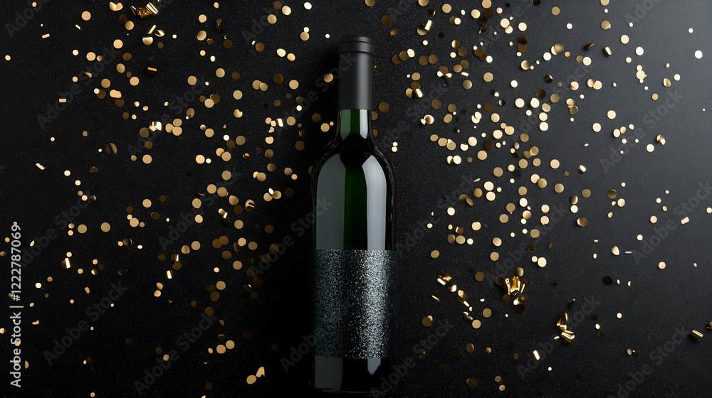 Fototapeta premium Dark Green Wine Bottle With Elegant Silver Foil on a Festive Backdrop
