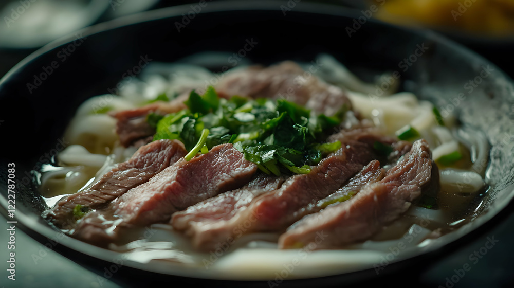 A bowl of noodles topped with sliced beef and fresh herbs. A bowl of noodles topped with sliced beef and fresh herbs.
