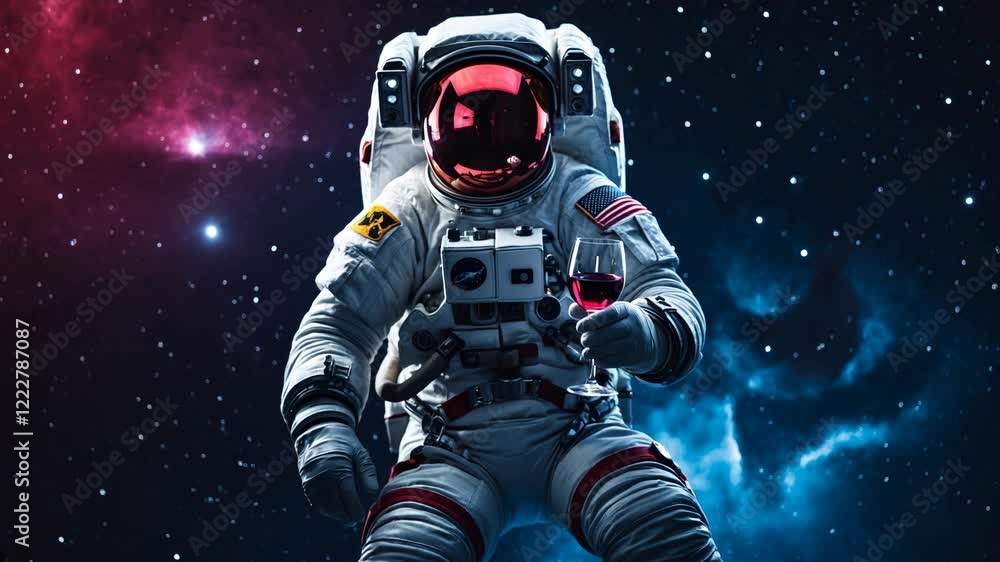 Astronaut in Space Holding a Glass of Red Wine Against Stars Astronaut in Space Holding a Glass of Red Wine Against Stars