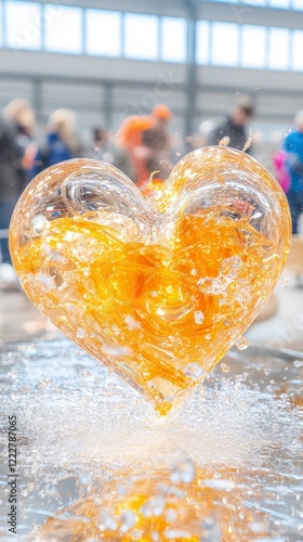 Vibrant glass heart immersed in water, glowing orange with dynamic splashes under bright light. photo