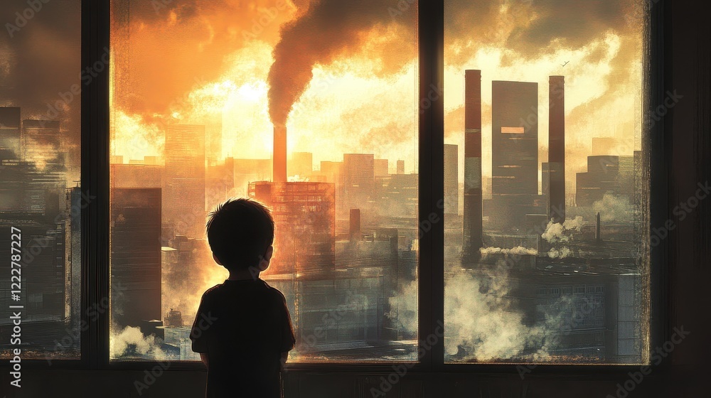 Fototapeta premium The child stood with his back turned to look at the city view window with a factory that emitted toxic smoke.