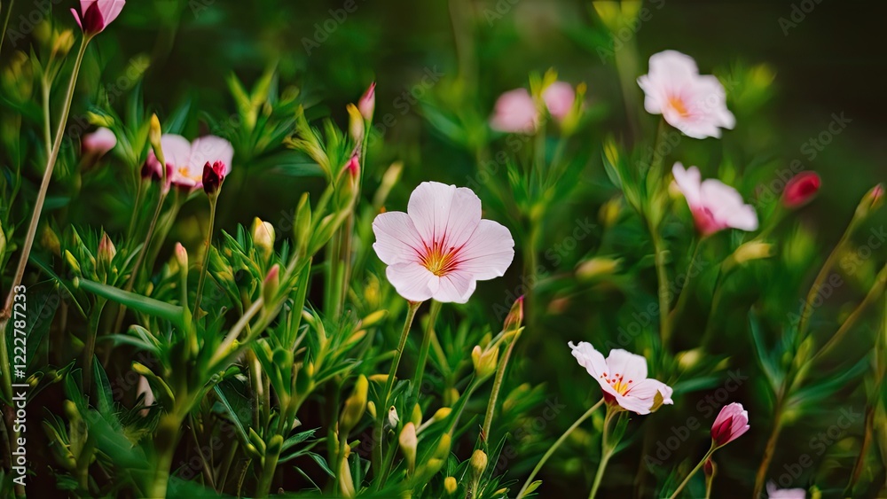 Delicate pink flowers with hints of yellow at the center amidst vibrant green foliage creating a serene garden atmosphere in soft natural light Delicate pink flowers with hints of yellow at the center amidst vibrant green foliage creating a serene garden atmosphere in soft natural light