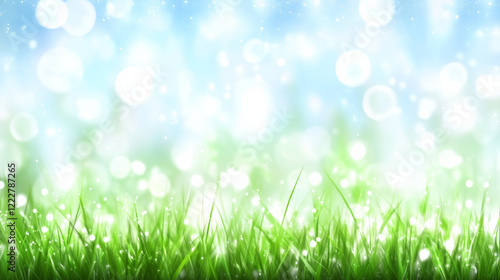 Lush green grass with bright, bokeh filled summer background