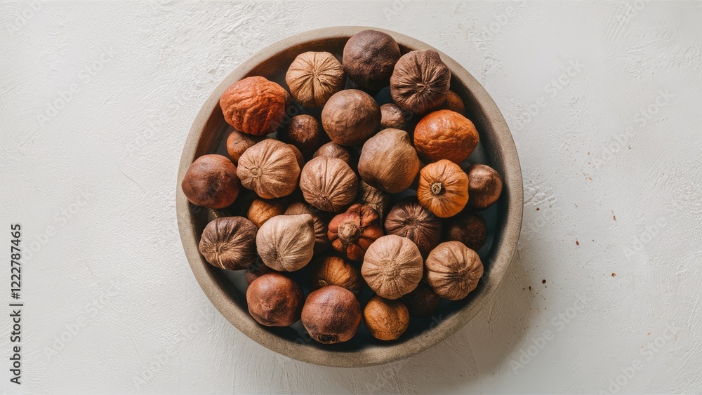 Bowl of assorted nutmeg seeds in earthy tones arranged centrally against a soft white backdrop showcasing their texture and shape. Bowl of assorted nutmeg seeds in earthy tones arranged centrally against a soft white backdrop showcasing their texture and shape.