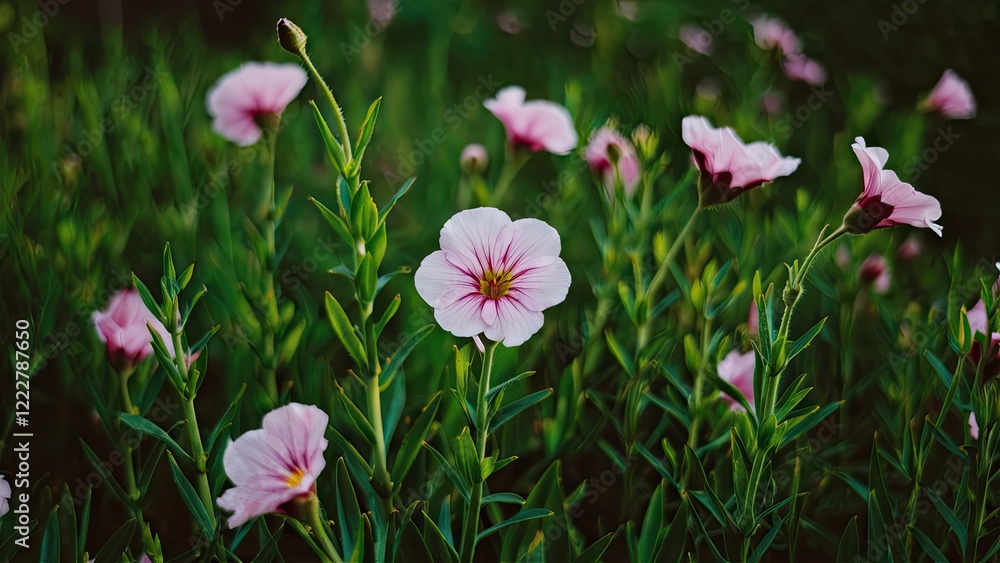 Delicate pink flowers with prominent petals in lush green foliage surrounded by slender green stems on a soft blurred background. Delicate pink flowers with prominent petals in lush green foliage surrounded by slender green stems on a soft blurred background.