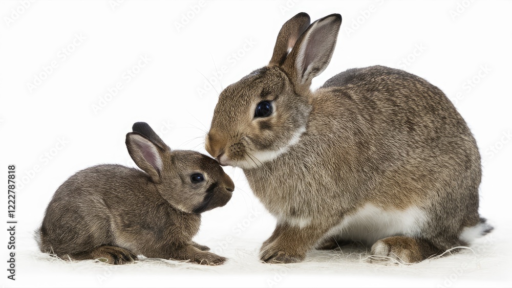 Nurturing mother rabbit gently touching her newborn bunny on a soft white background, showcasing their warm bond and natural interaction. Nurturing mother rabbit gently touching her newborn bunny on a soft white background, showcasing their warm bond and natural interaction.