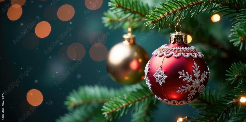 Glass beads and sequins adorn the fir tree's branches, ornament, fir, snowflake Glass beads and sequins adorn the fir tree's branches, ornament, fir, snowflake