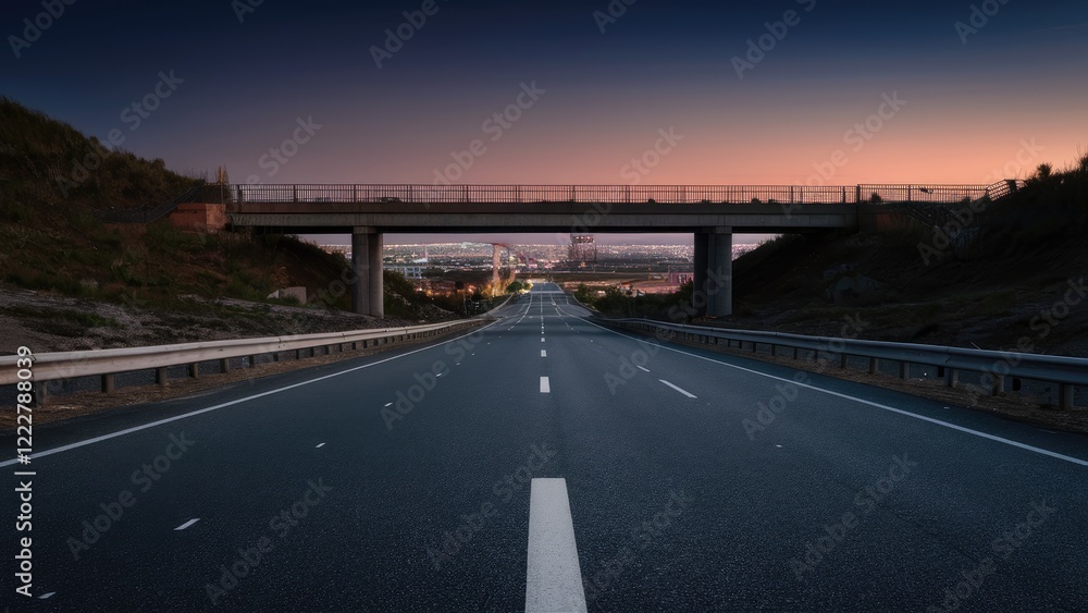 Wide empty asphalt highway under an overpass leading to a city skyline at dusk with soft purple and orange hues in the sky. Wide empty asphalt highway under an overpass leading to a city skyline at dusk with soft purple and orange hues in the sky.