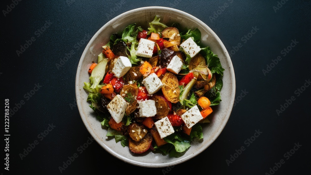 Salad with feta cheese and roasted vegetables in a ceramic bowl on a dark tabletop viewed from above with ample negative space for text.