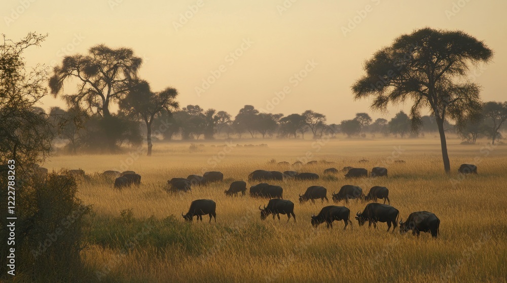 Fototapeta premium Wildebeest grazing in African savanna at sunrise