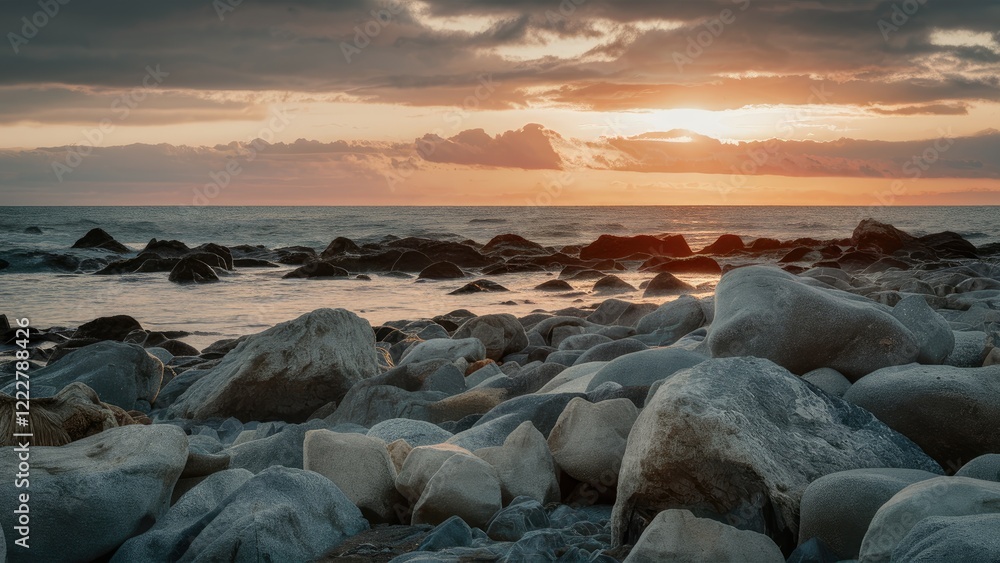 Serene sunset over rocky coastline with smooth grey and white stones in foreground, warm orange and gold hues reflecting on water surface. Serene sunset over rocky coastline with smooth grey and white stones in foreground, warm orange and gold hues reflecting on water surface.