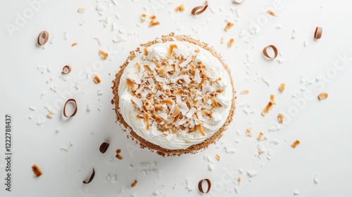 Overhead view of a delicious coconut cake decorated with toasted coconut flakes and chocolate curls on a white background.