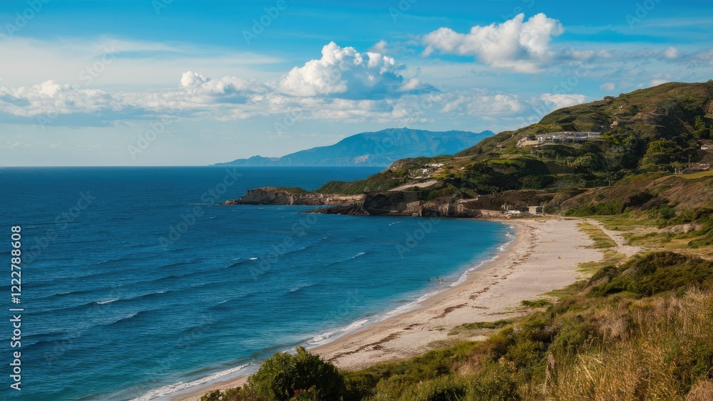 Serene beach landscape showcasing soft sandy shores, vibrant blue sea, rolling green hills, and dramatic clouds in a clear sky background. Serene beach landscape showcasing soft sandy shores, vibrant blue sea, rolling green hills, and dramatic clouds in a clear sky background.