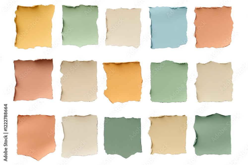 Fototapeta premium Explore vibrant torn paper textures in diverse pastel colors, perfect for creative designs, scrapbooking, and artistic backgrounds.