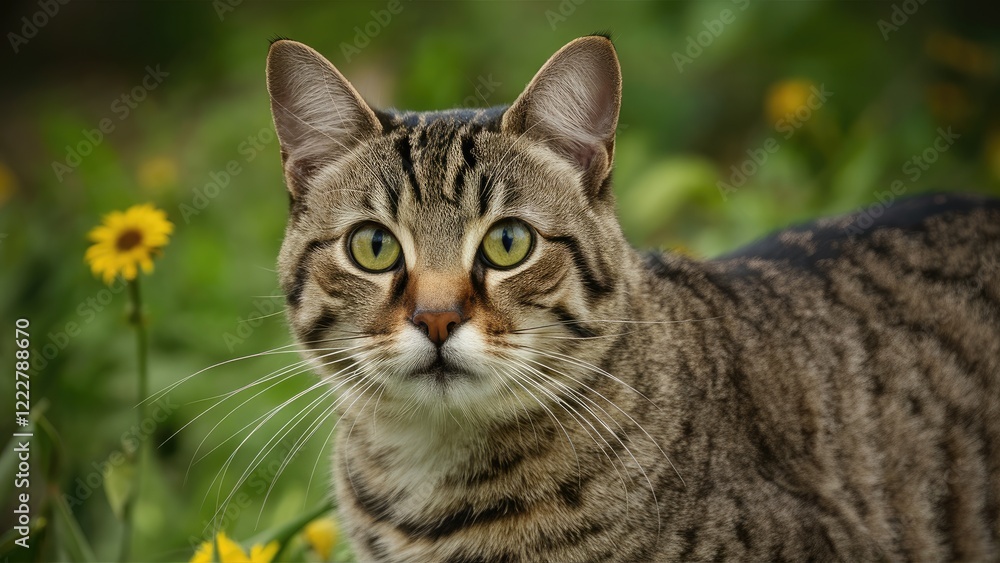 Tabby cat with striking green eyes surrounded by bright yellow flowers in a lush green field, showcasing a vibrant natural setting. Tabby cat with striking green eyes surrounded by bright yellow flowers in a lush green field, showcasing a vibrant natural setting.