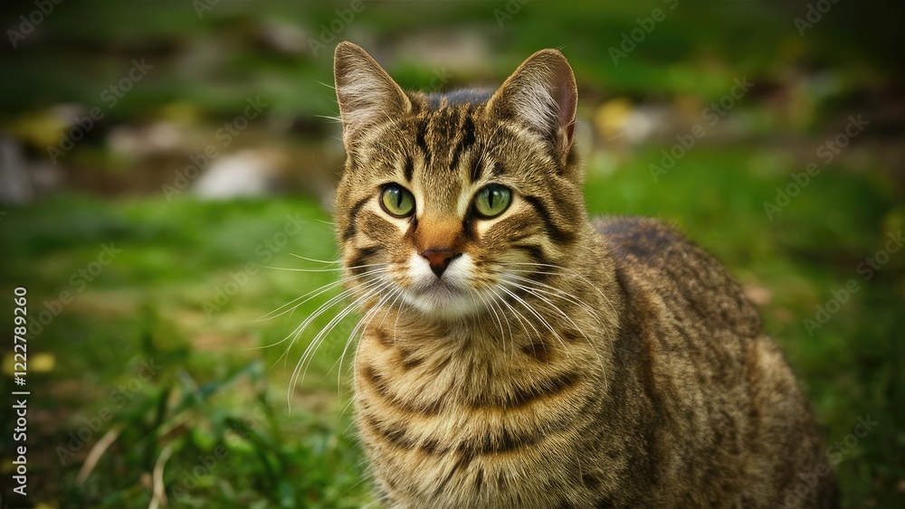 Tabby cat with striking green eyes sitting on grass, facing camera, showcasing detailed fur patterns and natural outdoor background. Tabby cat with striking green eyes sitting on grass, facing camera, showcasing detailed fur patterns and natural outdoor background.