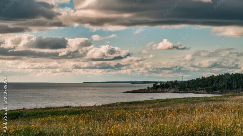 Gulf of Finland landscape with a serene shoreline under a sky of grey and white clouds, vibrant green grass and yellow flowers in the foreground. Gulf of Finland landscape with a serene shoreline under a sky of grey and white clouds, vibrant green grass and yellow flowers in the foreground.